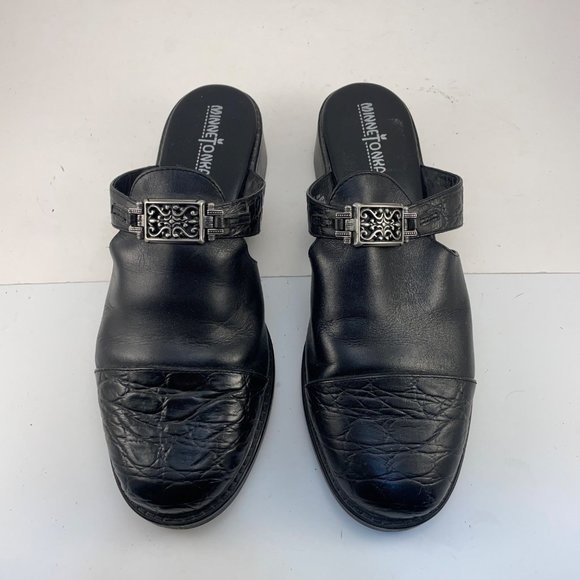 Minnetonka Shoes - Minnetonka black silver embellished slip on leather mule 8